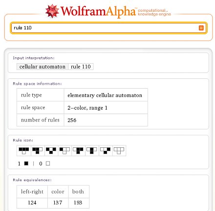 Wolfram Alpha: Suche nach zellulärem Automaten mit Regel 110